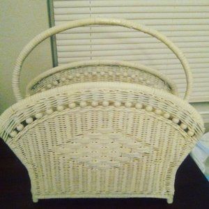 Vintage 1970 Natural Rattan Wicker Woven Basket Magazine Rack Classic White Boho